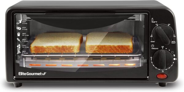 Elite Gourmet ETO236 Personal Compact 2 Slice Counter top Toaster Oven with 15 Minute Timer & Adjustable Temperature, Bake, Broil, & Toast, Black