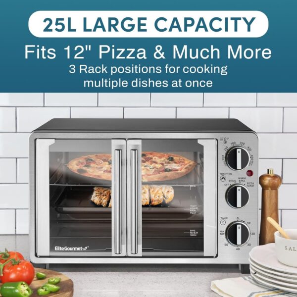 Elite Gourmet ETO2530M Double French Door Countertop Toaster Oven, Bake, Broil, Toast, Keep Warm, Fits 12" pizza, 25L capacity, Stainless Steel & Black - Image 2